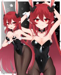 Rule 34 | 1girl, 555, absurdres, bare shoulders, collar, detached sleeves, highleg, highleg leotard, highres, leotard, long hair, multiple views, no bra, original, pantyhose, playboy bunny, pointy ears, red eyes, red hair, shiny clothes, solo, very long hair