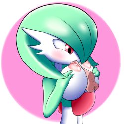 Rule 34 | 1girl, blush, breast hold, breasts, breasts squeezed together, creatures (company), disembodied penis, erection, fellatio, fuppy-jr, game freak, gardevoir, gen 3 pokemon, green hair, hair over one eye, hands up, hetero, highres, large breasts, looking down, nintendo, nipples, open mouth, oral, paizuri, penis, pink background, pokemon, pokemon (creature), pokemon rse, red eyes, saliva, short hair, solo, testicles, tongue, tongue out, transparent background, two-tone background, uncensored, upper body
