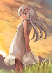 Rule 34 | 10s, 1girl, :d, alternate costume, arms behind back, bare arms, blonde hair, blue eyes, cloud, cloudy sky, dress, evening, flower, from behind, grass, hair flower, hair ornament, haru (renol), kantai collection, long hair, looking at viewer, looking back, open mouth, outdoors, ro-500 (kancolle), sky, sleeveless, sleeveless dress, smile, solo, standing, sundress, v arms, white dress