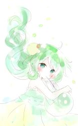 Rule 34 | 1girl, absurdres, bad id, bad pixiv id, bare arms, bare shoulders, blush, closed mouth, dress, floating hair, food-themed hair ornament, green dress, green eyes, green hair, hair ornament, highres, holding, long hair, looking at viewer, original, simple background, sleeveless, sleeveless dress, solo, tsukiyo (skymint), very long hair, white background