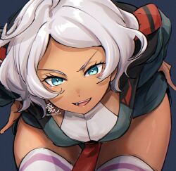 Rule 34 | 1girl, aqua eyes, arm support, artist name, asticassia school uniform, bent over, breasts, dark-skinned female, dark skin, gundam, gundam suisei no majo, hands on own hips, leaning forward, legs, looking at viewer, medium breasts, open mouth, secelia dote, short hair, shorts, smile, solo, thick thighs, thighs, white hair, wide hips