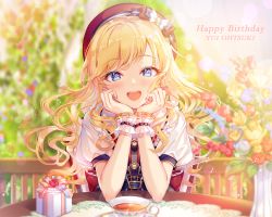 Rule 34 | 1girl, belt, beret, blonde hair, blue eyes, blurry, blurry background, blush, bokeh, character name, commentary, cup, depth of field, dress, earrings, flower, gift, happy birthday, hat, head rest, idolmaster, idolmaster cinderella girls, jewelry, kina (446964), lens flare, long hair, looking at viewer, ohtsuki yui, open mouth, puffy short sleeves, puffy sleeves, red hat, shirt, short sleeves, sitting, smile, solo, table, tea, teacup, upper body, vase, wavy hair, white shirt, wrist cuffs