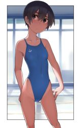 Rule 34 | 1girl, black hair, blue eyes, blue one-piece swimsuit, blurry, blurry background, blush, breasts, closed mouth, collarbone, female focus, highleg, highleg swimsuit, kuronami (lvi), looking to the side, lvi, one-piece swimsuit, short hair, small breasts, solo, standing, swimsuit