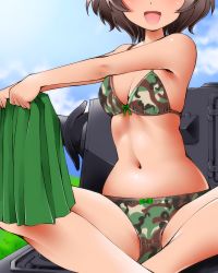 Rule 34 | 10s, 1girl, akiyama yukari, bikini, blush, bow, bow bra, bow panties, bra, breasts, brown hair, camouflage, camouflage bikini, cleavage, dr rex, girls und panzer, head out of frame, looking at viewer, military, military vehicle, motor vehicle, navel, open mouth, panties, panzer iv, panzer iv, short hair, sitting, skirt, small breasts, smile, solo, swimsuit, tank, underwear, underwear only, unworn skirt, vehicle