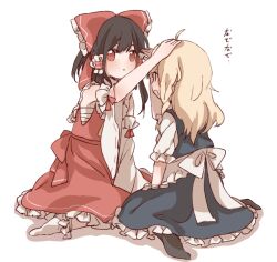 2girls ahoge apron ascot bad_id bad_pixiv_id black_skirt black_socks blonde_hair bow brown_hair detached_sleeves frilled_bow frilled_hair_tubes frills hair_bow hair_tubes hakurei_reimu headpat kirisame_marisa kosencha long_hair multiple_girls no_headwear open_mouth red_bow red_eyes red_skirt ribbon-trimmed_sleeves ribbon_trim sitting skirt skirt_set socks touhou translation_request waist_apron white_apron white_socks yellow_ascot