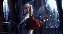 Rule 34 | 1girl, absurdres, blonde hair, commentary request, crystal, flandre scarlet, from side, highres, indoors, medium hair, no headwear, one side up, red eyes, red skirt, red vest, shirt, short sleeves, skirt, solo, top-exerou, touhou, vest, white shirt, wings
