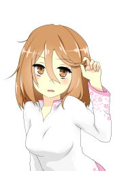 Rule 34 | 1girl, breasts, brown eyes, brown hair, commentary request, dress, floral print, hair between eyes, hand up, highres, i.u.y, light blush, long sleeves, medium breasts, medium hair, misaka worst, open mouth, playing with own hair, simple background, solo, teeth, toaru majutsu no index, toaru majutsu no index: new testament, upper body, upper teeth only, vietnamese dress, white background, white dress
