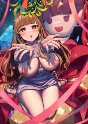 Rule 34 | 1girl, :o, alternate breast size, barefoot, bb (fate), blush, box, breasts, breasts out, brown eyes, brown hair, christmas, cleavage, commission, confetti, fate/extra, fate/extra ccc, fate (series), feet, gift, gift box, highres, kishinami hakuno (female), large breasts, long hair, looking at viewer, mistletoe, nipples, no bra, outstretched arms, outstretched hand, paid reward available, parted lips, pixiv commission, reaching, reaching towards viewer, red ribbon, revealing clothes, ribbon, sitting, solo, stuffed toy, sweater, very long hair, wariza, wei yu