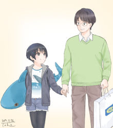 Rule 34 | 1boy, 1girl, bag, black hair, black pantyhose, blush, brown hair, commentary, cutoffs, dated, denim, denim shorts, eye contact, father and daughter, grin, hair ornament, height difference, holding hands, hood, hoodie, ikea, ikea shark, looking at another, looking to the side, original, pantyhose, shark, shirt, shopping bag, short hair, shorts, signature, smile, stuffed animal, stuffed shark, stuffed toy, sweater, t-shirt, taka (tsmix), walking, x hair ornament