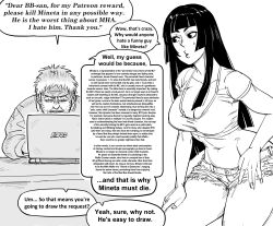 Rule 34 | 1boy, 1girl, artist self-insert, bb (baalbuddy), black hair, breasts, computer, denim, denim shorts, english text, greyscale, highres, hime cut, hime cut wife (baalbuddy), laptop, large breasts, long hair, monochrome, navel, original, plunging neckline, shorts, simple background, speech bubble, stomach, tank top, white background
