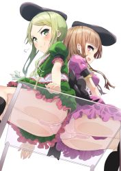 Rule 34 | 2girls, against glass, apron, ass on glass, back, back bow, black bow, black headwear, black socks, bow, breasts, brown hair, buttons, dress, dress bow, from behind, green dress, green eyes, green hair, hand up, hat, highres, kneehighs, large breasts, looking at viewer, looking down, multiple girls, nishida satono, open mouth, panties, pink dress, polpol, puffy short sleeves, puffy sleeves, purple eyes, short hair, short hair with long locks, short sleeves, simple background, sitting, smile, socks, sweatdrop, table, tate eboshi, teireida mai, touhou, underwear, white apron, white background, white panties, yellow bow
