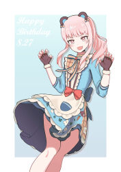Rule 34 | 1other, absurdres, akiyama mizuki, androgynous, animal ears, bear ears, border, bow, brown gloves, carrot print, claw pose, commentary, dated, dress, fake animal ears, fang, fingerless gloves, floral print, food print, gloves, happy birthday, highres, long hair, long sleeves, looking at viewer, open mouth, outside border, pink eyes, pink hair, ponytail, project sekai, red bow, sidelocks, skin fang, sleeves past elbows, solidified ray, white border