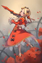 Rule 34 | 1girl, abigail williams (fate), aestus estus, black bow, blonde hair, blue eyes, blush, boots, bow, braid, closed mouth, cosplay, dress, fate/extra, fate/grand order, fate (series), flower, from behind, full body, hair bow, hair ribbon, high heel boots, high heels, holding, holding sword, holding weapon, juliet sleeves, long hair, long sleeves, looking to the side, miya (miyaruta), nero claudius (fate), nero claudius (fate) (all), nero claudius (fate/extra), nero claudius (fate/extra) (cosplay), orange bow, parted bangs, petals, puffy sleeves, red dress, red flower, red ribbon, red rose, ribbon, rose, rose petals, see-through, sidelocks, sketch, solo, standing, standing on one leg, sword, thorns, weapon, wide sleeves