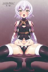 Rule 34 | 1girl, arm belt, ass, bandaged arm, bandages, bare shoulders, black panties, black thighhighs, blush, breasts, cameltoe, covered erect nipples, dagger, facial scar, fate/apocrypha, fate/grand order, fate (series), hair between eyes, jack the ripper (fate/apocrypha), knife, looking at viewer, lowleg, lowleg panties, navel, panties, scar, scar across eye, scar on cheek, scar on face, shiny skin, short hair, shoulder tattoo, small breasts, solo, squatting, sweat, tattoo, thighhighs, thighs, uganda (ugandam 00), underwear, weapon, white hair, yellow eyes