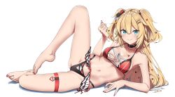 Rule 34 | 1girl, absurdres, akai haato, akai haato (hololive summer 2019), aqua eyes, arm support, bare legs, bare shoulders, barefoot, bikini, black bikini, blonde hair, blush, breasts, cleavage, closed mouth, clothing cutout, collar, collarbone, cross-laced clothes, frills, full body, gluteal fold, hair ornament, hair ribbon, heart, heart cutout, heart hair ornament, highres, hololive, leg up, long hair, looking at viewer, lying, medium breasts, mismatched bikini, nail polish, navel, on side, red bikini, red nails, red ribbon, ribbon, shinomu (cinomoon), skindentation, smile, solo, stomach, swimsuit, teeth, thigh strap, toenail polish, toenails, two side up, very long hair, virtual youtuber