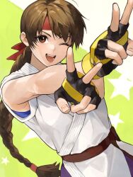 Rule 34 | 1girl, belt, braid, brown eyes, brown hair, commentary, double v, dougi, fingerless gloves, fingernails, gloves, hands up, headband, highres, japanese clothes, lips, long hair, looking at viewer, one eye closed, oni gini, open mouth, red headband, ryuuko no ken, simple background, single braid, sleeveless, smile, solo, star (symbol), starry background, teeth, the king of fighters, upper body, upper teeth only, v, yuri sakazaki
