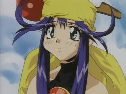 Rule 34 | 1990s (style), 1boy, 1girl, animated, bandana, bare shoulders, blue hair, blue sky, breasts, fingerless gloves, forest, gloves, green eyes, hair ornament, japanese clothes, lime (saber j), long hair, mamiya otaru, nature, retro artstyle, running, saber marionette, saber marionette j, sky, smile, snow, tree, very long hair, video
