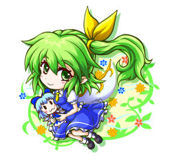 Rule 34 | 1girl, blue hair, bow, character doll, chibi, cirno, daiyousei, dress, fairy wings, flower, green eyes, green hair, hair bow, hair ribbon, ice, ice wings, kiki fushigi, long hair, looking at viewer, matching hair/eyes, ribbon, short hair, side ponytail, simple background, smile, solo, touhou, white background, wings