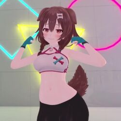 Rule 34 | 1girl, 3d, animal ears, animated, bike shorts, blush, bone hair ornament, bouncing breasts, braid, breasts, brown eyes, brown hair, dancing, dog ears, dog girl, dog tail, fingerless gloves, flexing, gloves, hair ornament, hololive, inugami korone, large breasts, long hair, music, navel, shorts, smile, solo, sound, spandex, sports bra, stomach, tail, thick thighs, thighs, video, virtual youtuber, vrchat, yogurt cap