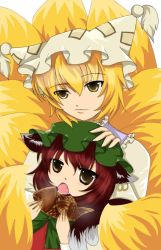 Rule 34 | 2girls, animal ears, blonde hair, brown eyes, brown hair, cat ears, cat girl, cat tail, chen, earrings, eating, fang, female focus, food, fox tail, hand on another&#039;s head, hat, hat with ears, jewelry, light smile, looking at viewer, looking away, mob cap, multiple girls, multiple tails, open mouth, short hair, tail, taiyaki, tassel, touhou, wagashi, yakumo ran, yellow eyes, yuichi (kaitsuki)