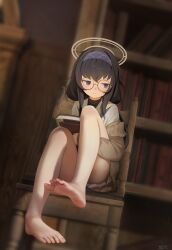 Rule 34 | absurdres, barefoot, black hair, blue archive, blue eyes, blush, book, bookshelf, chair, feet, glasses, halo, headband, highres, long hair, no shoes, round eyewear, sitting, soles, toes, ui (blue archive), youyueyue