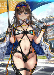 Rule 34 | 1girl, black gloves, bodysuit, breasts, brown hair, collarbone, covered navel, cowboy shot, eyewear on head, fingerless gloves, gloves, highres, holding, holding umbrella, jacket, large breasts, long hair, looking at viewer, open clothes, open jacket, original, parasol, parted lips, race queen, ran&#039;ou (tamago no kimi), see-through, smile, solo, sunglasses, teeth, umbrella, white jacket