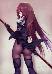 Rule 34 | 1girl, armor, ass, blush, bodysuit, fate/grand order, fate (series), from behind, gae bolg (fate), highres, holding, holding polearm, holding spear, holding weapon, kazuma muramasa, long hair, looking at viewer, pauldrons, polearm, purple eyes, purple hair, revision, scathach (fate), shoulder armor, sidelocks, signature, solo, spear, standing, thigh gap, very long hair, weapon