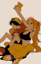 Rule 34 | 1boy, 1girl, black hair, burger, can, drink can, eating, food, hand up, highres, monkey d. luffy, nami (one piece), numata (oioioioiai), one piece, orange hair, pants, ponytail, selfie, soda can, sports bra, tattoo