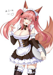 Rule 34 | 1girl, alternate costume, animal ears, bare shoulders, black ribbon, blush, bow, breasts, cleavage, commentary request, enmaided, fate/grand order, fate (series), flan (f l an), fox ears, fox shadow puppet, fox tail, hair ribbon, heart, highres, large breasts, long hair, looking at viewer, maid, official alternate costume, open mouth, pink hair, ribbon, simple background, smile, solo, tail, tamamo (fate), tamamo no mae (fate/extra), tamamo no mae (tailmaid strike) (fate), twintails, white background, yellow eyes