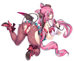 Rule 34 | 1girl, ass, backless leotard, black horns, black tail, black wings, blue hair, breasts, brown pantyhose, clothing cutout, commentary request, demon girl, demon horns, demon tail, demon wings, double bun, fang, floating, hair bun, high heels, highres, holding tail, horns, indie virtual youtuber, kiyama satoshi, large breasts, leotard, long hair, long sleeves, looking at viewer, looking back, multicolored hair, nakajima pepero, nipples, open mouth, pantyhose, partial commentary, pink hair, pussy juice, red eyes, red footwear, red leotard, ribbed leotard, saliva, shirt, sideboob, simple background, smile, solo, streaked hair, tail, torn clothes, torn pantyhose, very long hair, virtual youtuber, white background, white shirt, wings