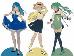 Rule 34 | 3girls, ankle boots, black footwear, black legwear, black neckwear, black skirt, blonde hair, blue dress, blue eyes, blue hair, blunt bangs, boots, brown hat, closed mouth, clothes lift, collared shirt, dress, dress lift, green dress, green eyes, green footwear, green hair, hair between eyes, hand on headwear, hat, high-waist skirt, high heel boots, high heels, jacket, knees together feet apart, light smile, long hair, long sleeves, looking at viewer, looking down, lowe (slow), multiple girls, necktie, open clothes, open jacket, open mouth, original, pleated dress, shirt, short dress, short hair, short sleeves, skirt, socks, standing, thighhighs, twintails, walking, white footwear, white shirt, wing collar, yellow eyes, yellow jacket, yellow legwear