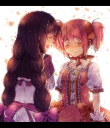 Rule 34 | 10s, 2girls, akemi homura, black hair, blush, braid, choker, closed eyes, from behind, kaname madoka, letterboxed, long hair, magical girl, mahou shoujo madoka magica, mahou shoujo madoka magica (anime), mk, multiple girls, pink hair, puffy sleeves, short hair, short twintails, smile, spoilers, tears, twin braids, twintails
