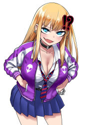 Rule 34 | !?, 1girl, 774 (nanashi), belt, black choker, blonde hair, blue skirt, blush, breasts, chain, choker, cleavage, collared shirt, commentary request, earrings, eyelashes, fang, hair ornament, hairclip, hands in pockets, jacket, jewelry, large breasts, leaning forward, long hair, long sleeves, looking at viewer, necktie, open clothes, open jacket, original, pleated skirt, purple jacket, ringed eyes, shirt, simple background, skirt, smile, solo, virtual youtuber, white background, white shirt, wing collar