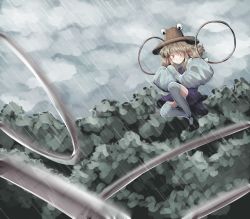 Rule 34 | &gt;:), 1girl, aiming, aiming at viewer, attack, black footwear, blonde hair, blush, chakram, child, closed mouth, cloud, dual wielding, eyebrows, grey sky, hair ribbon, hat, headwear request, highres, holding, holding weapon, hoop, legs up, long sleeves, looking at viewer, mary janes, medium hair, moriya&#039;s iron rings, moriya suwako, mountain of faith, outdoors, purple skirt, pyonta, rain, red ribbon, ribbon, shirt, shoes, skirt, sky, smile, solo, spell card, sunnysideup, thighhighs, throwing, touhou, tree, v-shaped eyebrows, weapon, white thighhighs, wide sleeves, zettai ryouiki