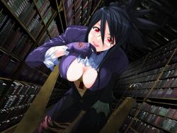 Rule 34 | 00s, 1girl, bent over, black hair, book, breasts, cleavage, covered erect nipples, demonbane, game cg, glasses, gloves, hanging breasts, large breasts, library, lipstick, makeup, naia, nishii (damnedrive), nitroplus, nya (demonbane), red eyes, rimless eyewear, smile, solo