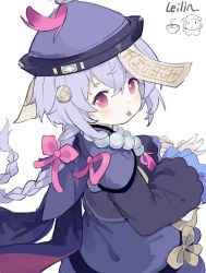 Rule 34 | 1girl, artist name, bead necklace, beads, black jacket, blush, bow, braid, closed mouth, commentary request, cropped jacket, dress, genshin impact, hair between eyes, hair bow, hat, highres, jacket, jewelry, leilin, long hair, long sleeves, looking at viewer, looking to the side, md5 mismatch, necklace, ofuda, pink bow, purple dress, purple eyes, purple hair, purple hat, qingdai guanmao, qiqi (genshin impact), resolution mismatch, revision, signature, simple background, single braid, sleeves past wrists, solo, source larger, tongue, tongue out, very long hair, white background, wide sleeves