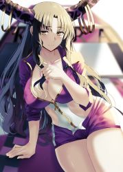 Rule 34 | 1girl, black hair, blush, breasts, chest tattoo, closed mouth, collarbone, dress, fate/extra, fate/extra ccc, fate (series), highres, horns, large breasts, long hair, looking at viewer, nicky w, parted bangs, purple dress, sessyoin kiara, short dress, sleeves rolled up, smile, solo, tattoo, thighs, wavy hair, white background, yellow eyes, zipper