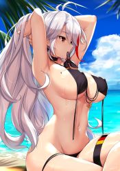 Rule 34 | 1girl, adjusting hair, ahoge, anchor symbol, armpits, arms behind head, azur lane, beach, bikini, black bikini, blue sky, blush, breasts, bright pupils, brown eyes, choker, cloud, covered erect nipples, cross, crossed legs, day, earrings, flag print, german flag, german flag bikini, gluteal fold, hair between eyes, hair ribbon, hair tie in mouth, highres, iron cross, jewelry, large breasts, long hair, looking afar, mole, mole on breast, mouth hold, multicolored hair, navel, palm leaf, parted lips, prinz eugen (azur lane), prinz eugen (unfading smile) (azur lane), ribbon, sand, shiny skin, side-tie bikini bottom, sideboob, silver hair, sitting, skindentation, sky, solo, stomach, sunset, swimsuit, thigh strap, tony guisado, two-tone hair, two side up, tying hair, untied bikini, untied bikini bottom, wet