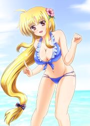 Rule 34 | 00s, 1girl, :d, bikini, blonde hair, blue bikini, blush, breasts, cleavage, diesel-turbo, fate testarossa, flower, frilled bikini, frills, front-tie top, groin, hair flower, hair ornament, hibiscus, large breasts, long hair, looking at viewer, lyrical nanoha, mahou shoujo lyrical nanoha strikers, navel, o-ring, o-ring bottom, ocean, open mouth, pointing, red eyes, revision, shiny skin, skindentation, smile, solo, swimsuit, very long hair, water