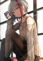 Rule 34 | 2girls, admiral graf spee (azur lane), admiral graf spee (peaceful daily life) (azur lane), aqua eyes, aran sweater, arm support, ass, azur lane, black choker, black footwear, black hair, black legwear, black skirt, blush, breasts, cable knit, cellphone, choker, cleavage, closed mouth, clothing cutout, collarbone, collared shirt, commentary request, day, deutschland (azur lane), grey hair, hand up, head tilt, highres, holding, holding phone, indoors, knees up, large breasts, long sleeves, looking at viewer, miniskirt, multicolored hair, multiple girls, open clothes, open mouth, open shirt, pantyhose, phone, red hair, shirt, shoes, short hair, shoulder cutout, sitting, skirt, sleeves past wrists, smartphone, smile, streaked hair, sweater, twitter username, v-shaped eyebrows, white hair, white shirt, window, yu ni t