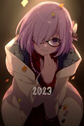 Rule 34 | 1girl, breasts, echo (circa), fate/grand order, fate (series), glasses, grin, hair over one eye, jacket, large breasts, light purple hair, looking at viewer, mash kyrielight, purple eyes, short hair, smile, solo