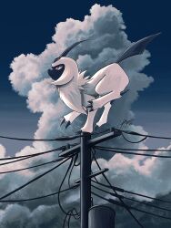 Rule 34 | absol, bright pupils, claws, closed mouth, cloud, commentary request, creatures (company), day, from side, game freak, gen 3 pokemon, highres, kuchiba (jret2454), nintendo, no humans, outdoors, pokemon, pokemon (creature), power lines, signature, sky, solo, utility pole, white fur, white pupils
