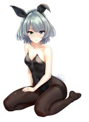 Rule 34 | 10s, 1girl, animal ears, arm at side, bare arms, bare shoulders, black leotard, black pantyhose, blue eyes, breasts, cleavage, closed mouth, collarbone, fake animal ears, fake tail, full body, green eyes, green hair, hairband, hand on own thigh, hand on thigh, heterochromia, highres, idolmaster, idolmaster cinderella girls, infinote, leotard, matching hair/eyes, medium breasts, mole, mole under eye, no shoes, pantyhose, playboy bunny, rabbit ears, rabbit tail, short hair, simple background, sitting, smile, solo, strapless, strapless leotard, tail, takagaki kaede, thighband pantyhose, wariza, white background
