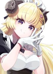 Rule 34 | 1girl, ahoge, alternate costume, animal ears, apron, black shirt, blonde hair, braid, breasts, closed mouth, commentary request, enmaided, frilled apron, frilled shirt, frills, gloves, hair ornament, hairclip, highres, hololive, horns, long hair, looking at viewer, maid, maid headdress, medium breasts, purple eyes, sheep ears, sheep girl, sheep horns, shirt, short sleeves, simple background, smile, solo, steepled fingers, tsunomaki watame, underbust, upper body, virtual youtuber, white apron, white background, white gloves, white shirt, yun (yun0786)