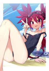 Rule 34 | 1girl, arm support, bare legs, beach, blue one-piece swimsuit, blush, border, bracelet, day, demon girl, demon tail, demon wings, disgaea, earrings, etna (disgaea), female focus, goggles, goggles on head, hair between eyes, highres, innertube, jank365m, jewelry, leaning to the side, legs, looking at viewer, one-piece swimsuit, outdoors, outside border, pointy ears, purple eyes, purple hair, sitting, solo, strap slip, swim ring, swimsuit, tail, tongue, tongue out, twintails, v, white border, wings