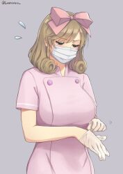 Rule 34 | 1girl, alternate costume, artist name, blush, bow, breasts, buttons, covered mouth, curly hair, dress, flying sweatdrops, gloves, green eyes, grey background, hair bow, haruka (senran kagura), large breasts, lemonrou, light brown hair, mask, medical scrubs, motion lines, mouth mask, nurse, pink bow, pink dress, rubber gloves, senran kagura, senran kagura shoujo-tachi no shin&#039;ei, short hair, short sleeves, simple background, solo, surgical mask, swept bangs, twitter username, white mask