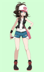 Rule 34 | 1girl, aqua background, bag, baseball cap, black footwear, blue eyes, boots, breasts, brown hair, creatures (company), cross-laced footwear, curly hair, cutoffs, denim, denim shorts, exposed pocket, female focus, full body, game freak, handbag, hat, high ponytail, highres, hilda (pokemon), holding, holding poke ball, ka, lace-up boots, long hair, looking at viewer, nintendo, poke ball, poke ball (basic), pokemon, pokemon bw, ponytail, short shorts, shorts, simple background, smile, socks, solo, standing, tank top, vest, wristband