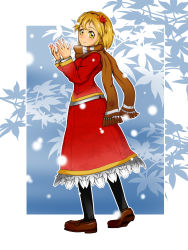 Rule 34 | 1girl, absurdres, aki shizuha, blonde hair, hair ornament, hairband, highres, iwainari, jacket, leaf, leaf print, long skirt, mary janes, pantyhose, scarf, shoes, short hair, skirt, smile, snow, solo, touhou, winter, winter clothes, yellow eyes
