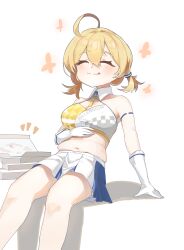 Rule 34 | 1girl, absurdres, ahoge, belly, blonde hair, blue archive, breasts, closed eyes, crop top, full stomach, gloves, hand on own stomach, highres, kotori (blue archive), kotori (cheer squad) (blue archive), licking lips, low twintails, medium breasts, midriff, pizza box, plump, robizou (robizou285), sitting, skirt, solo, tongue, tongue out, twintails, white background, white gloves