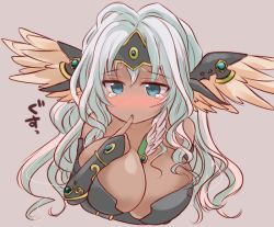 Rule 34 | 1girl, bad id, bad pixiv id, bare shoulders, between breasts, blue eyes, blush, breast hold, breasts, bridal gauntlets, circlet, cleavage, collarbone, dark-skinned female, dark angel metatron (p&amp;d), dark skin, deep skin, feathered wings, finger to mouth, full-face blush, head wings, large breasts, long hair, mashiro miru, pen, purple background, puzzle &amp; dragons, silver hair, simple background, solo, tears, wavy hair, wavy mouth, wings